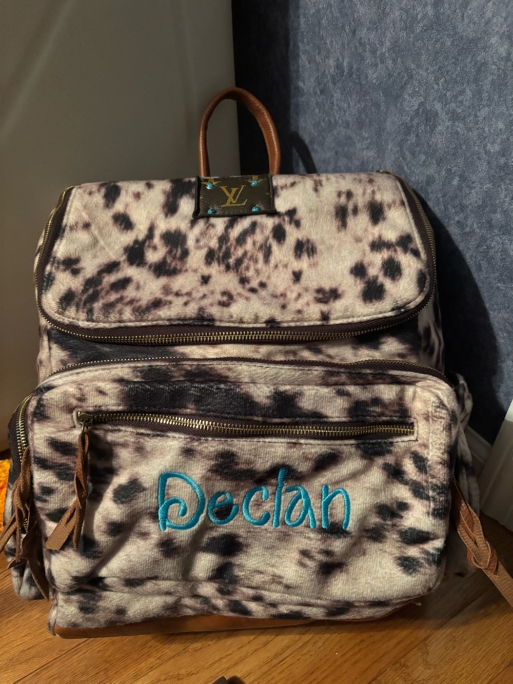 Personalized Kids Backpack - Leopard Print with Turquoise Name
